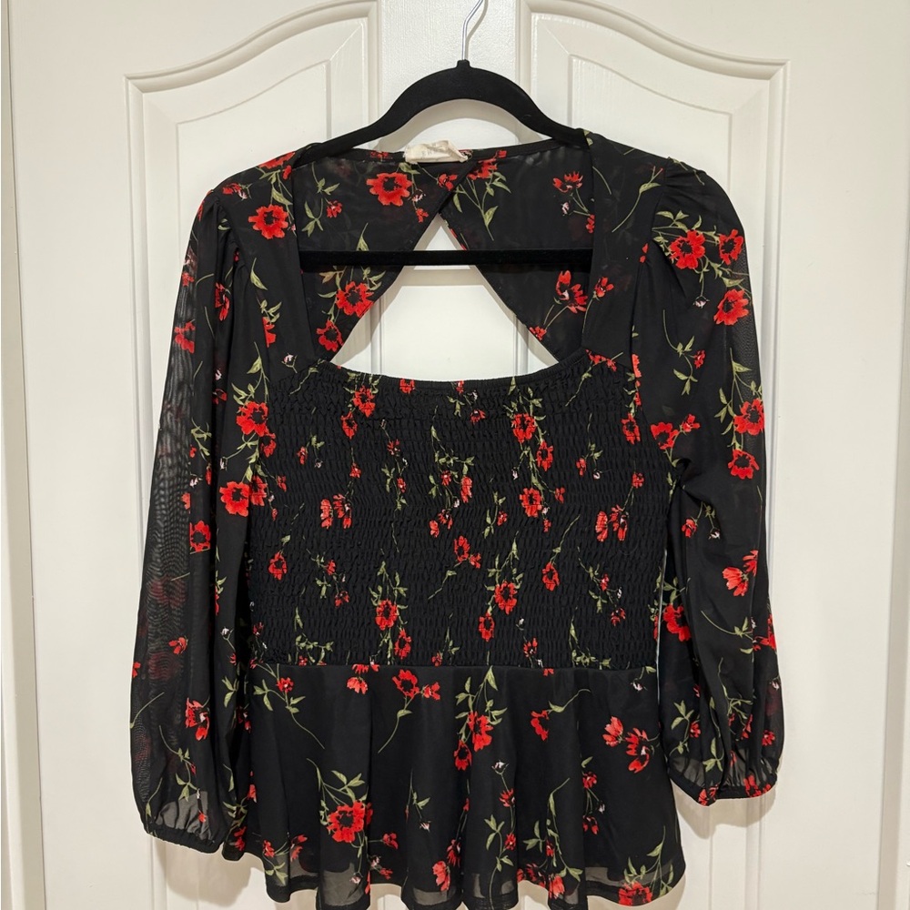Black and Red Puff Sleeve Asymmetrical Peplum Blouse